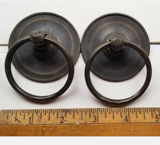 2 x Vintage Antique Style Solid Brass Ring Pull Handles mount with bolts.Unlaquered. #Q9