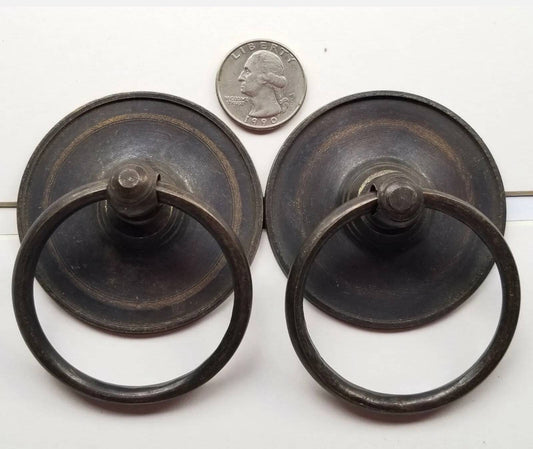 2 x Vintage Antique Style Solid Brass Ring Pull Handles mount with bolts.Unlaquered. #Q9