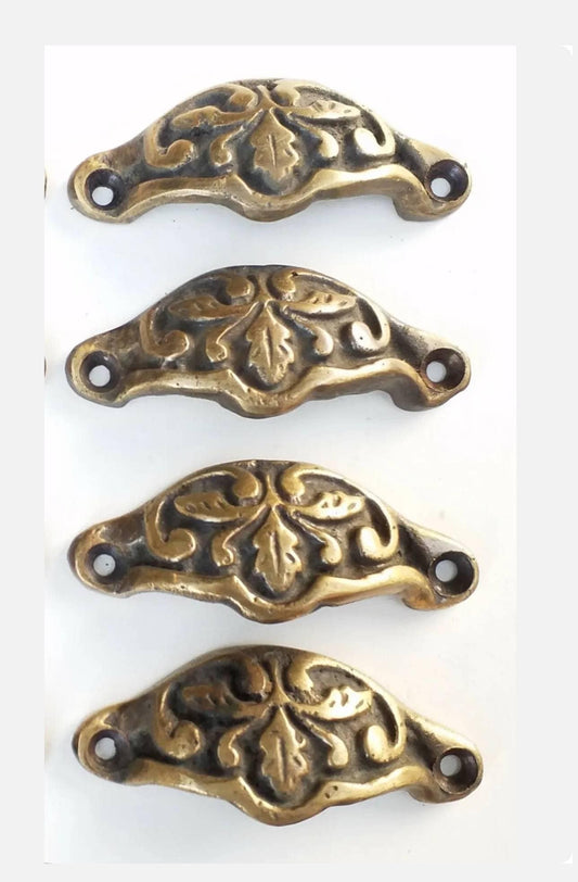 4 x Apothecary Cabinet Drawer Bin Pull Handles in Solid Brass with Oak Leaf Motif Un-laquered. 2-3/8" centers (2-7/8"wide).woodworking. #A3.