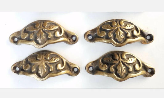 4 x Apothecary Cabinet Drawer Bin Pull Handles in Solid Brass with Oak Leaf Motif Un-laquered. 2-3/8" centers (2-7/8"wide).woodworking. #A3.