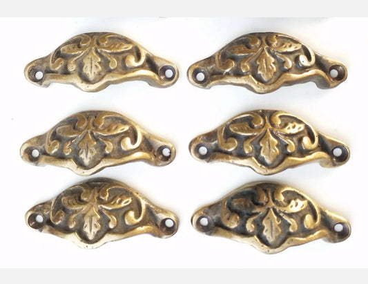 6x Apothecary Cabinet Drawer Bin Pull Handles in Solid Brass with Oak Leaf Motif 2 7/8" wide,multi-drawer furniture restoration projects #A3