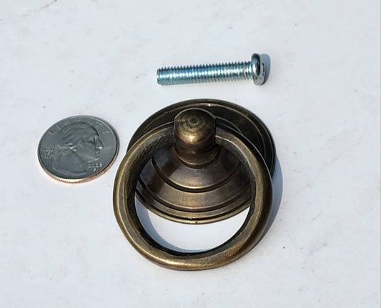2 Rustic Antique Style Brass Round Ring Pull Handles Backplate 1-3/4"dia x Ring Pull 1-3/4"dia.Unlaquered. #H2