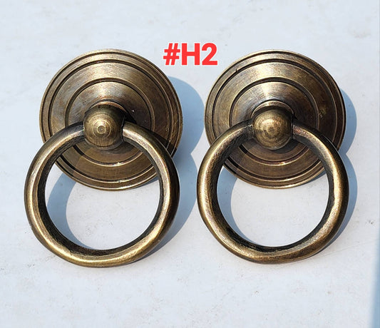 2 Rustic Antique Style Brass Round Ring Pull Handles Backplate 1-3/4"dia x Ring Pull 1-3/4"dia.Unlaquered. #H2