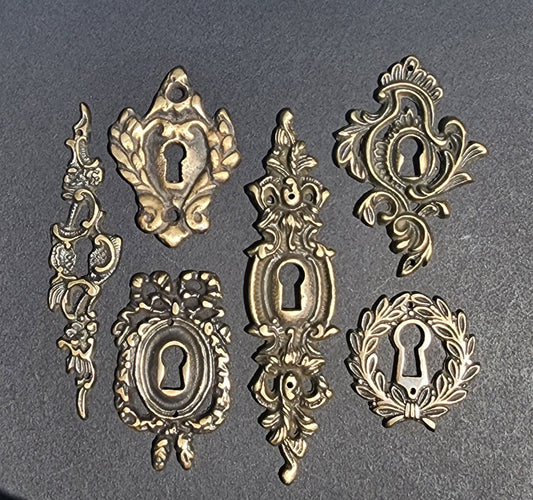 6 Various Vintage Antique Style Decorative Eschutcheons, lock , Padlock, keyhole covers, Ornate Solid Brass approx 1-3/4" - 4-3/4" tall #E18