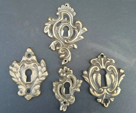 5 Various Vintage Antique Style Decorative Eschutcheons, locks, Padlock, keyhole covers, Ornate Solid Brass approx 1-3/4" - 3-1/4" tall #E24