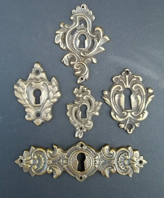 5 Various Vintage Antique Style Decorative Eschutcheons, locks, Padlock, keyhole covers, Ornate Solid Brass approx 1-3/4" - 3-1/4" tall #E24