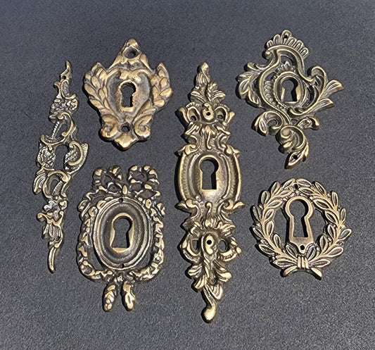 6 Various Vintage Antique Style Decorative Eschutcheons, lock , Padlock, keyhole covers, Ornate Solid Brass approx 1-3/4" - 4-3/4" tall #E18