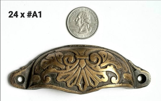 24 x Antique Style Solid Brass Ornate Cabinet Apothecary Drawer Bin Pull Cup Handles 4-1/8"wide (3-1/2" centers) #A1