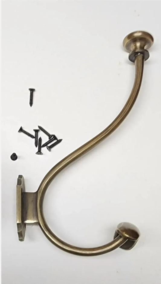 Large Antique Style Solid Brass Wall Mount double Hook Coat / Hat Rack .Unlaquered. #Q10