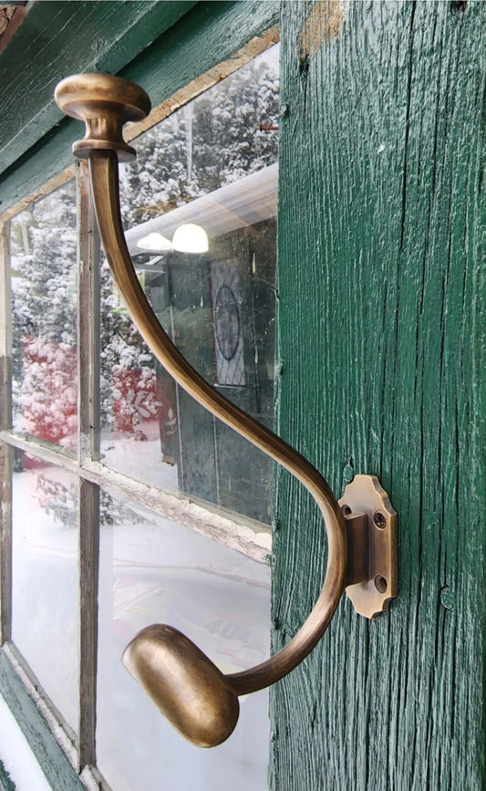 Large Antique Style Solid Brass Wall Mount double Hook Coat / Hat Rack .Unlaquered. #Q10