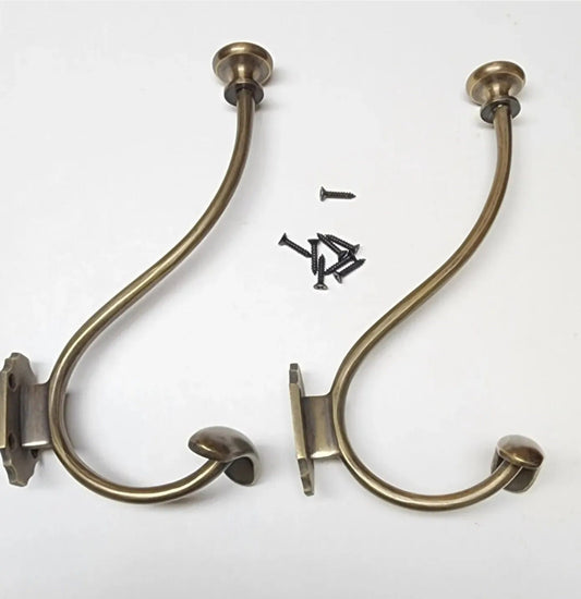 2 x Large Antique Style Solid Brass Wall Mount double Hook Coat/ Hat Rack. 7"tall.Unlaquered.Q10.