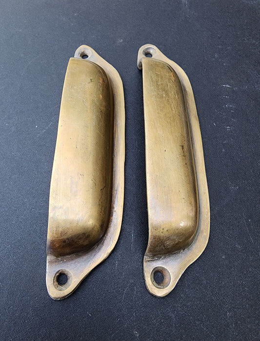 2 x Antique Style Brass Apothecary Cup Drawer Cabinet Bin Pulls Handles 4-1/2"centers. Unlaquered. #A21