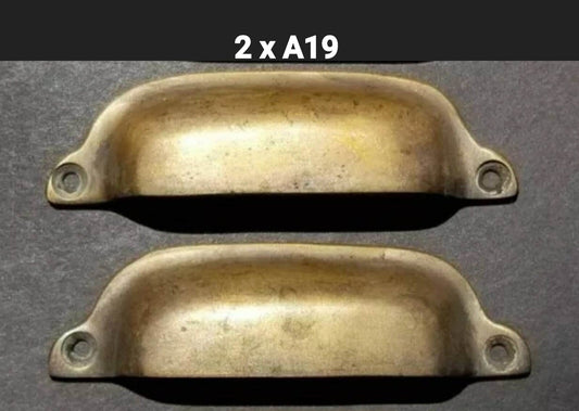 2 x Antique Vintage Style Brass Apothecary Cup Drawer Cabinet Bin Pulls Handles 3-3/8" centers. Unlaquered.#A19.