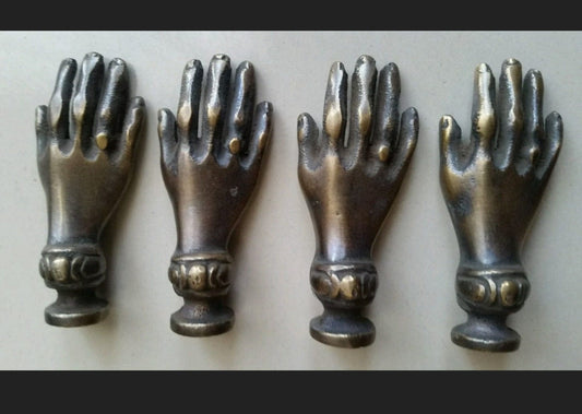 4 x Brass Antique Vtg. style figural LADIE'S dainty HANDS Cabinet Drawer Knob Pull Handle 2".unlaquered. #K12