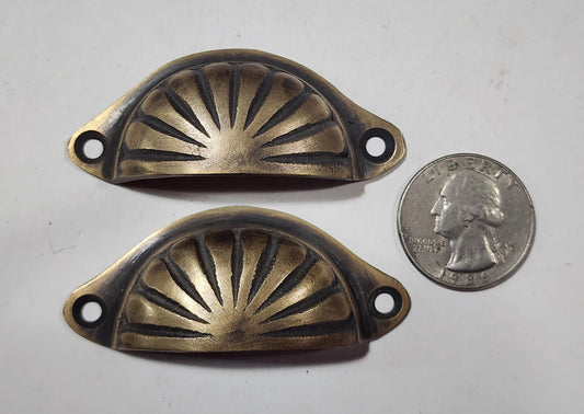 2 x very small Bin Cup Pull Drawer Handle Fluted Design Solid brass Antique style 2" center  #A9