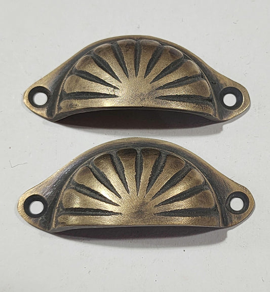 2 x very small Bin Cup Pull Drawer Handle Fluted Design Solid brass Antique style 2" center #A9