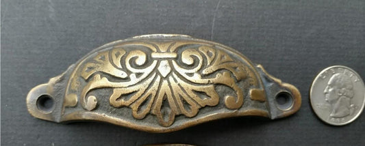 Solid Brass Victorian Antique Style Ornate Cabinet Apothecary Drawer Bin Pull Handles 4-1/8"wide (3-1/2"centers).Unlaquered #A1