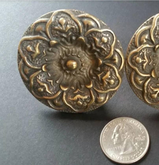Large 2" dia. Antique Style Solid Brass Decorative ROUND KNOBS Ornate FLORAL, Classic designs Unlaquered. #Z27
