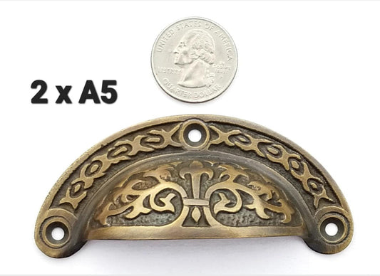 2 Antique Vintage Victorian style brass apothecary bin pull handles 3" centers #A5