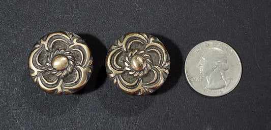 2 x Antique Vintage Style French Provincial Brass Floral Knobs Pulls Knobs 1" diamer. #K19