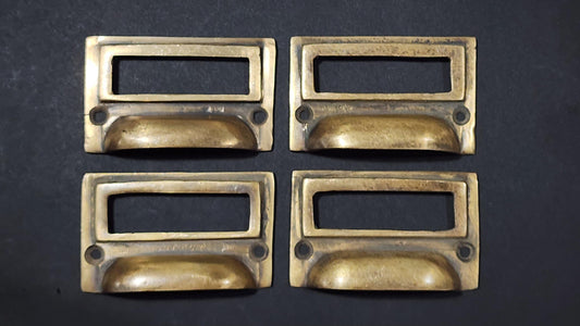 4x Antique Vintage Style Card File Cabinet Handles,File Label Holders with Cup Bin Pull Handles,Organizing labels 2 3/4" wide.Unlaquered.#F1