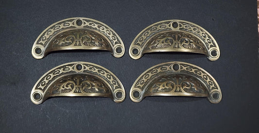 4 Antique Vintage Victorian style brass apothecary bin pull handles 3-7/16"wide (3" centers) #A5