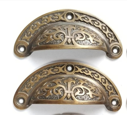 2 Antique Vintage Victorian style brass apothecary bin pull handles 3" centers #A5