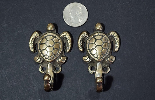 2 Small Sea Turtle Coat Hat Towel Hooks Solid Brass Antique Vtg style 2-1/2" long #C19