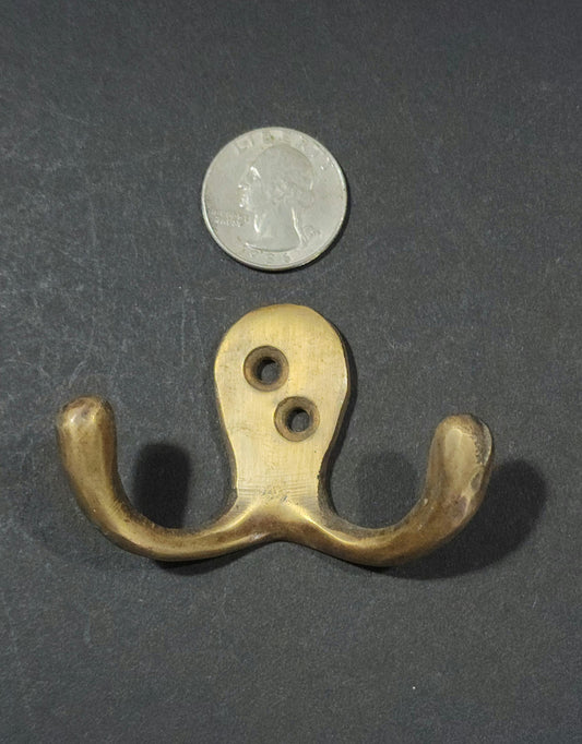 Solid brass double hook, bathroom hook, clothes coat peg. Coat hook wall, vintage old style hook hanger 2-1/2" w x 1-3/4"t #C1