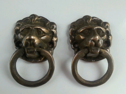 2 x Solid Brass Ornate Lion Head ring drawer pulls handles 1-7/8"w x 3"t doorknocker #H12
