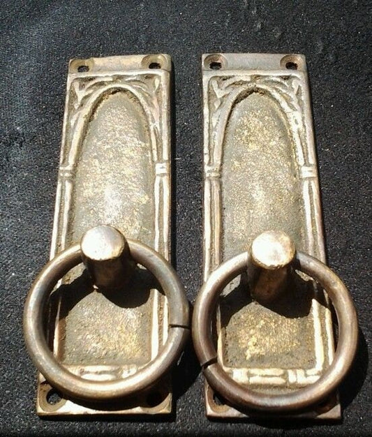 2 x Vintage Antique Style Solid Brass Ring Pull Handles Vertical mount approx. 3-1/4"tall x1"wide.Unlaquered.  #H36