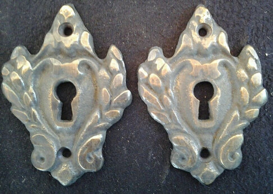 2 x vintage antique eschutcheons,key hole covers,hand made,solid, ornate large size 2 1/4" tall jewelry component #E1