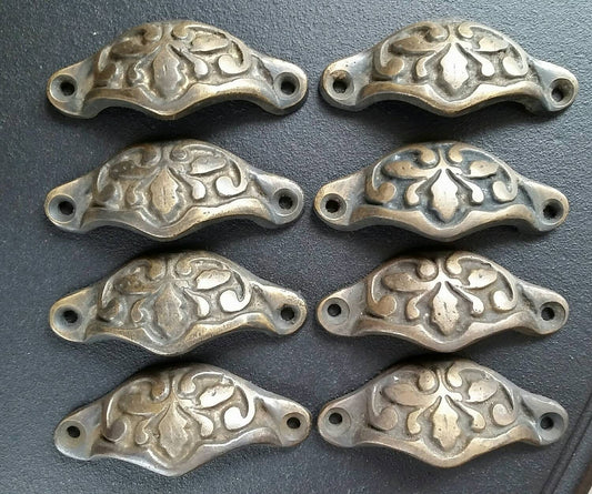 8 solid brass Small Apothecary Drawer Bin Pull handles with Oak Leaf design 2-7/8" wide overall (approx 2-3/8" centers),multi-drawer #A3