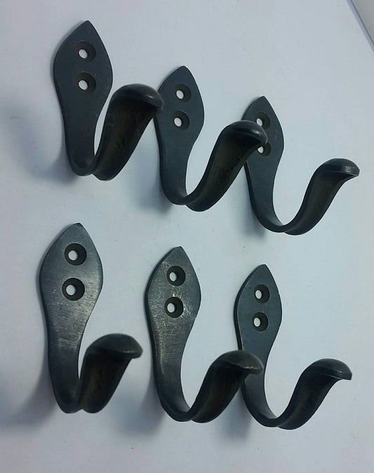 6 Single Antique Style Arts and Crafts design Coat Hat Hooks, Modern Simple Design 2"tall dark Tarnished Solid Brass #C8