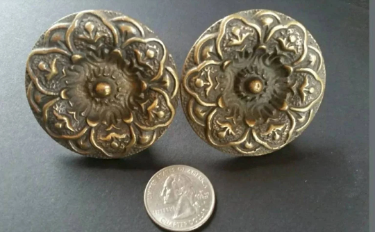 2 x Large 2" dia. Antique Style Solid Brass Decorative ROUND KNOBS Ornate FLORAL, Classic design #Z27