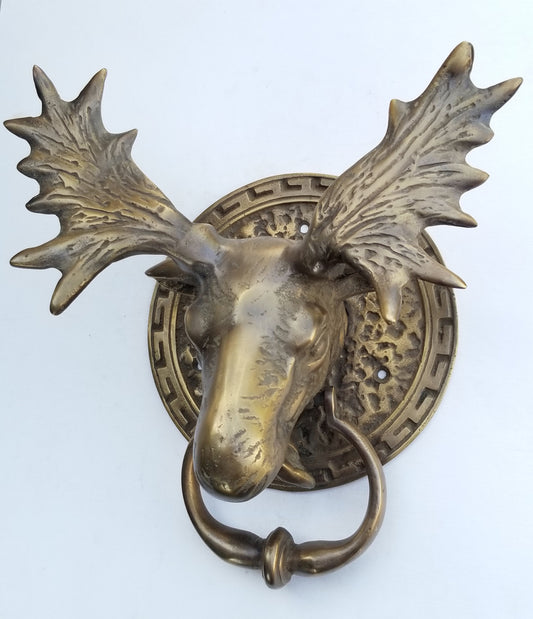 Large unique antique vintage style brass Moose Head Door Knocker approx: 7" wide x 8-1/2"tall #D5