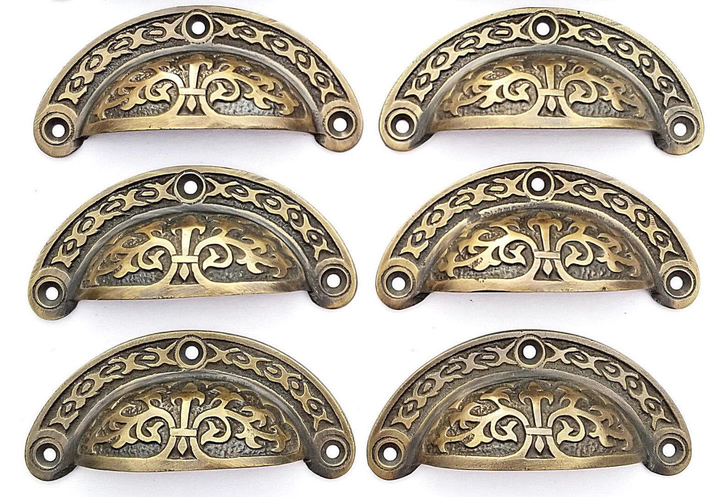6 Antique vtg. Style Victorian Brass Apothecary Bin Pulls Handles 3"cntr  #A5