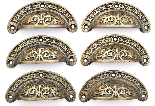 6 Antique vtg. Style Victorian Brass Apothecary Bin Pulls Handles 3"cntr #A5