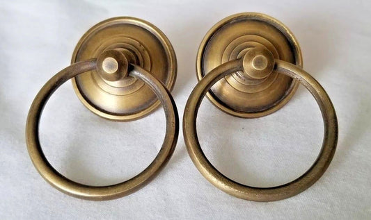 2 Rustic Antique Style Brass Round Ring Pull Handles 1-3/8" backplate #H45