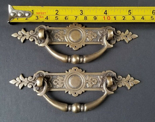 2 Antique Style Ornate Victorian Brass Drawer Handles Pulls (2-3/4" center) #H44