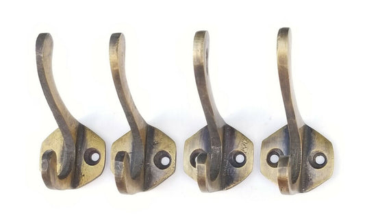 4 Double Coat Hat Hall Towel Clothes Hooks Solid Brass Ant. Style 2 1/4" #C3