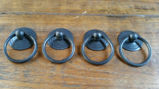 4 Rustic Antique Style Brass Round Ring Pull Handles 1 1/8" round backplate #H40