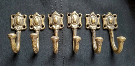 6 strong solid brass Ornate backplate Single Coat Hat Towel Hooks 2-1/2" #C4