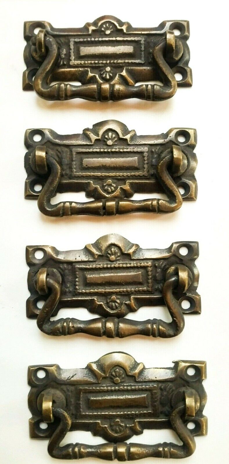 4 unique ornate Vicorian antique brass handles pulls great patina 2-5/16" #H35
