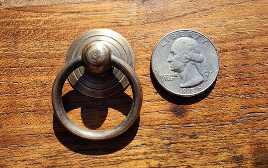 4 Rustic Antique Style Brass Round Ring Pull Handles 1" round backplate #H17
