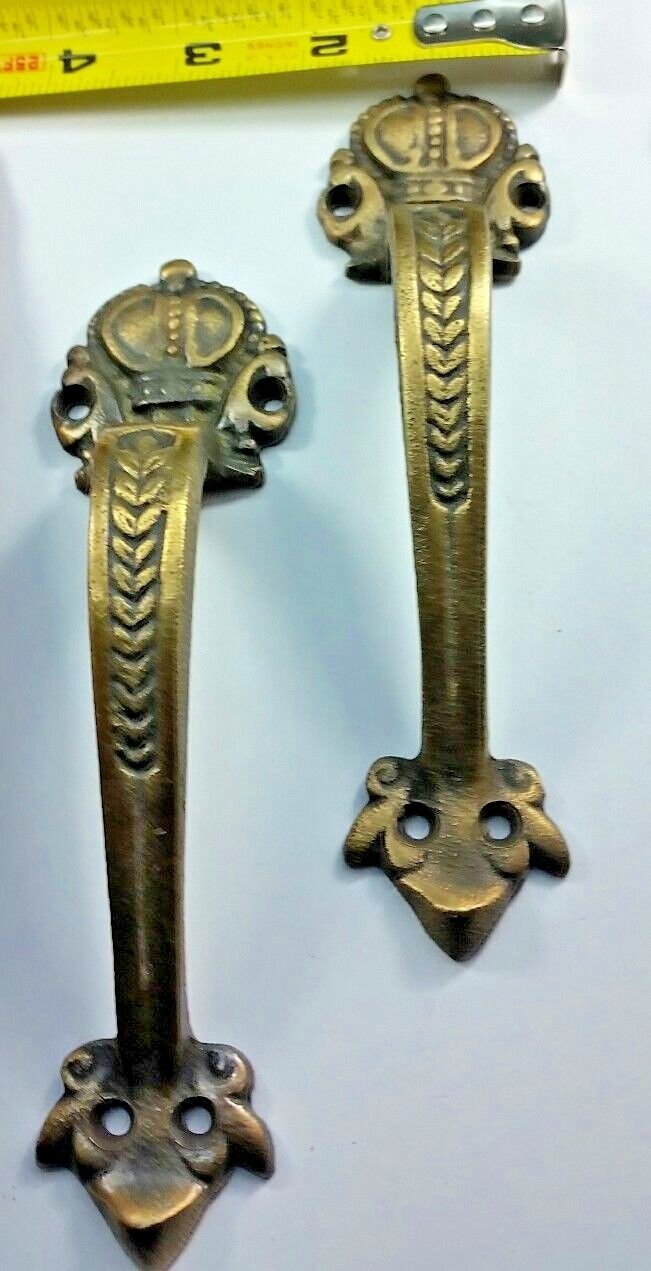 2 Solid Brass Crown Handles 6-3/4" Pulls Door Cabinet Ant. Style Barn Gate #P10