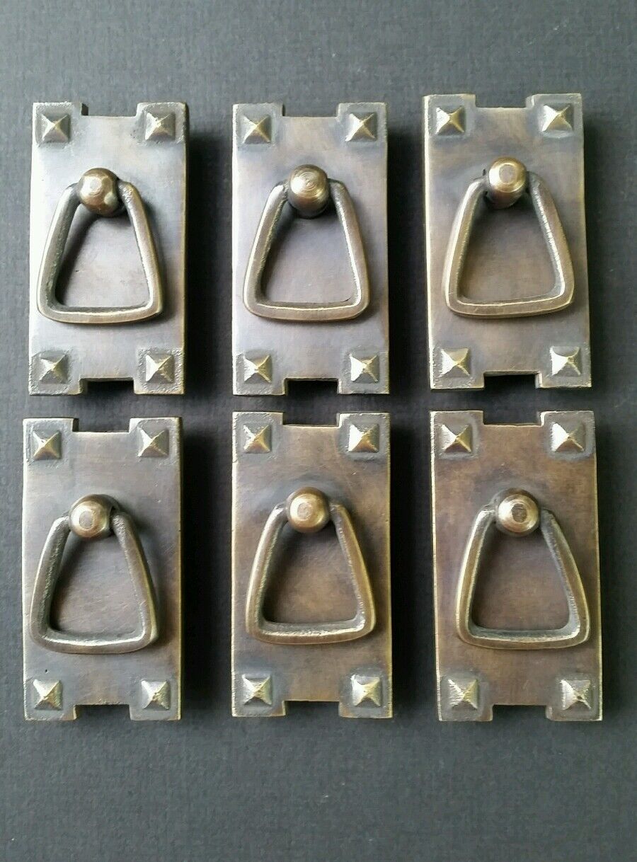 6 Mission Stickley antique style brass vertical ring handles pulls 2 1/2" #H25