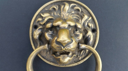 Big Unique Antique Vintage Style Brass Lion Head Door Knocker, Towel Ring 6" #D6
