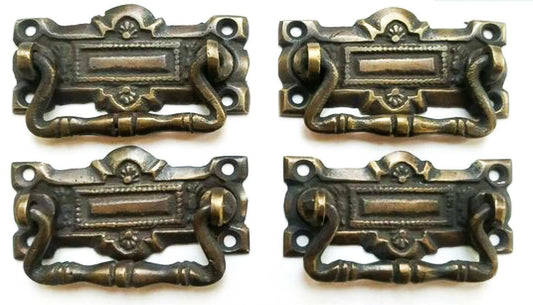 4 unique ornate Vicorian antique brass handles pulls great patina 2-5/16" #H35