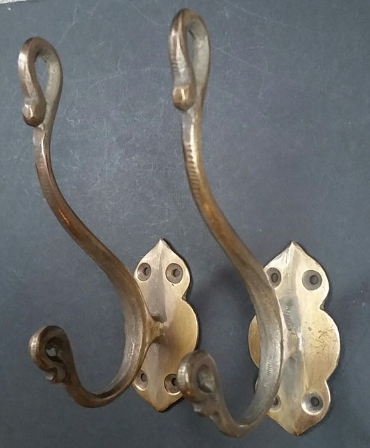 2 x Lg Solid Brass Vintage Antique Style Ornate Double Coat Hat Hooks 6" #C11